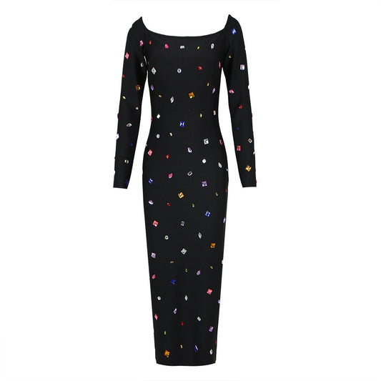 Fashion Heavy Industry Colorful Diamond Solid Medium Length Women's Dress with Bandage